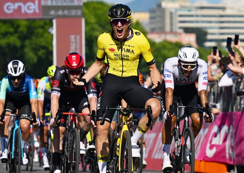 A TVL rider celebrates having secured victory during the ADAC Cyclassics Hamburg